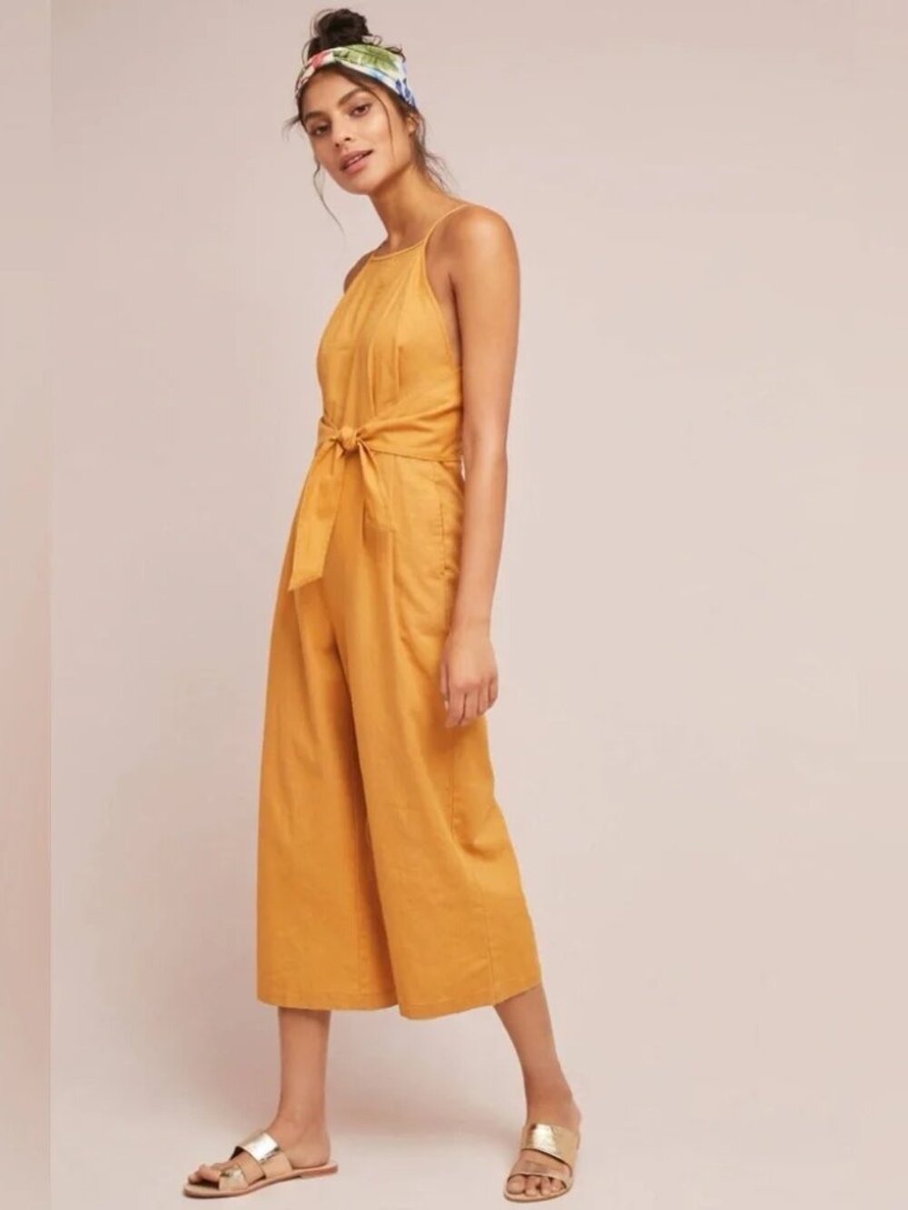 Anthropologie Mustard Yellow Tie-Waist Jumpsuit